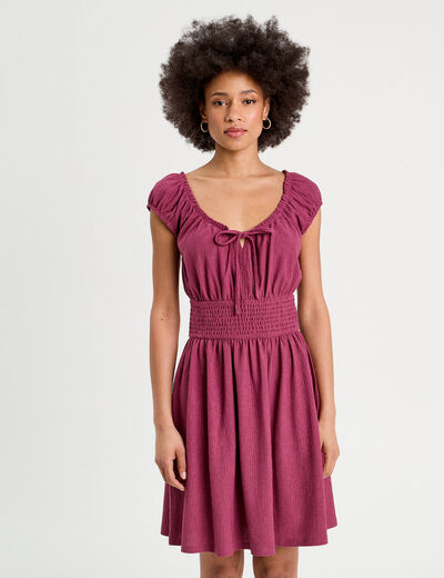 Robe évasée taille smockée prune femme