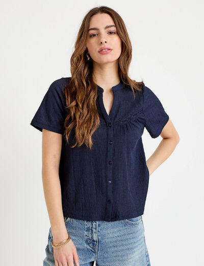 Blouse pliss&eacute;e col v manches courtes bleu fonc&eacute; femme