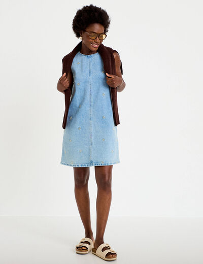 Robe courte droite en jean sans manches bleu femme