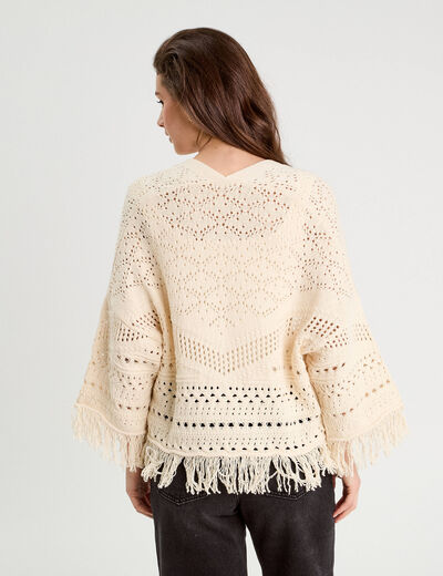 Gilet ajouré avec franges ecru femme