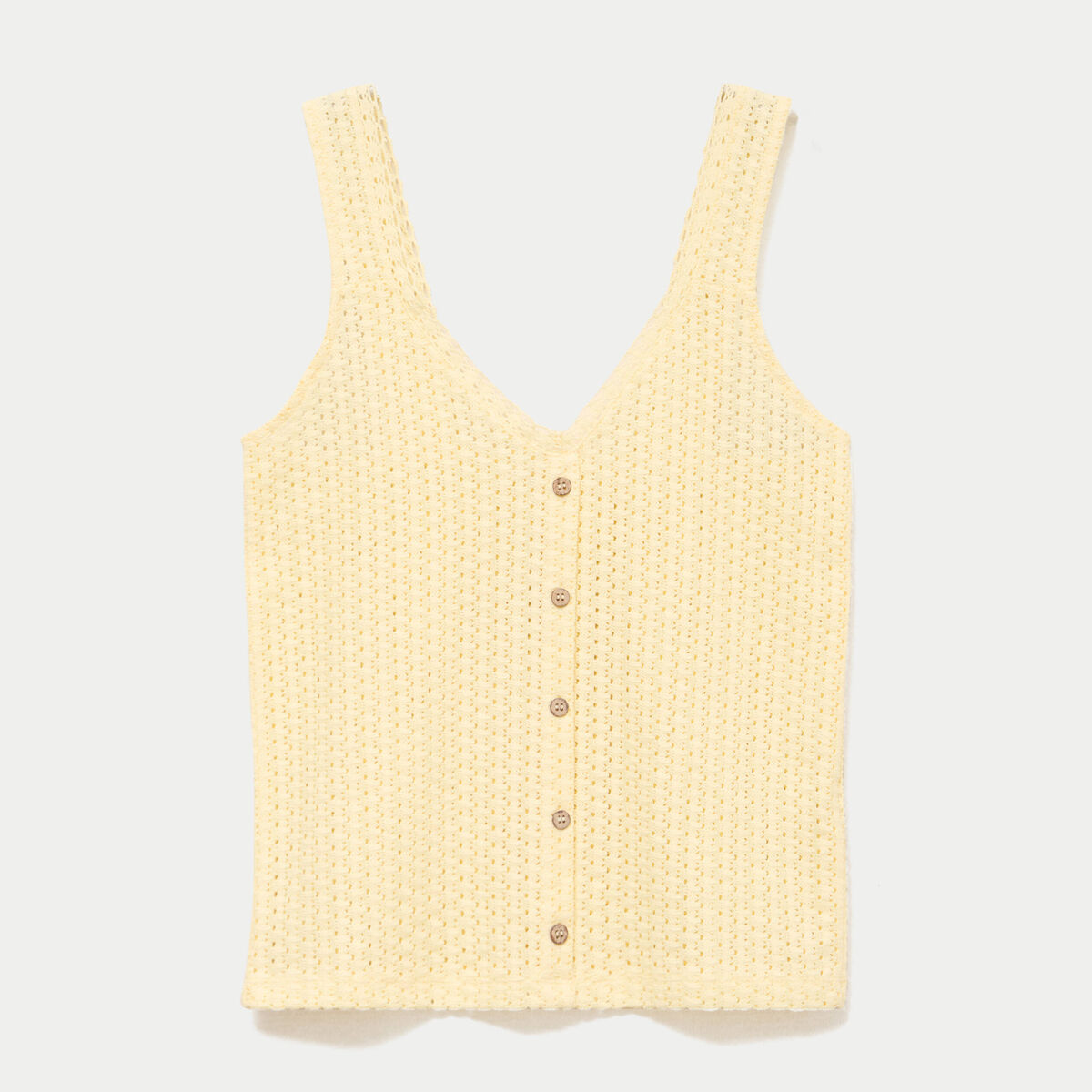 D&eacute;bardeur ajour&eacute; aspect dentelle col v jaune pastel femme