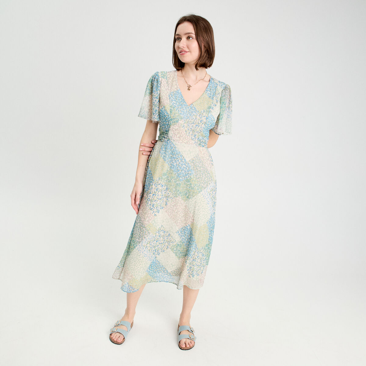 Robe midi évasée col en V bleu pastel femme