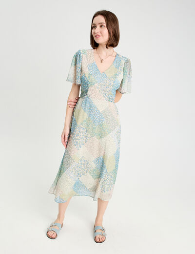 Robe midi évasée col en V bleu pastel femme