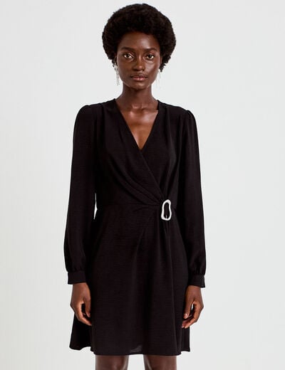 Robe courte &eacute;vas&eacute;e col v manches longues noir femme