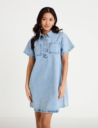 Robe en jean brod&eacute;e bleu fonc&eacute; femme