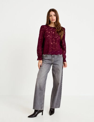 Blouse droite col v en dentelle prune femme