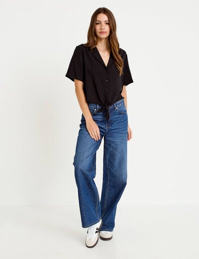 Chemise droite pliss&eacute;e manches courtes noir femme