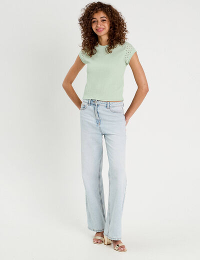 T-shirt détails ajourés vert clair femme