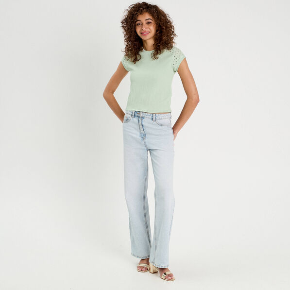 T-shirt détails ajourés vert clair femme