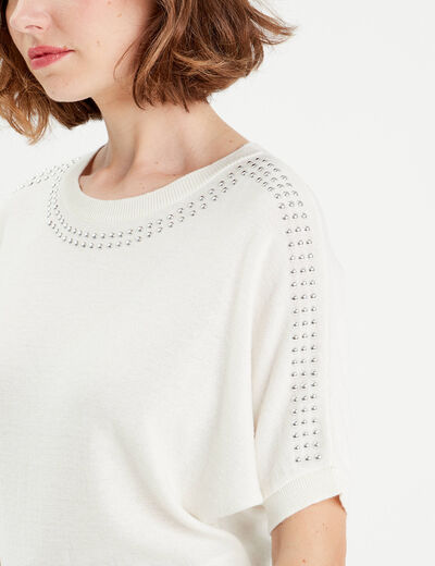 Pull manches courtes clous ecru femme