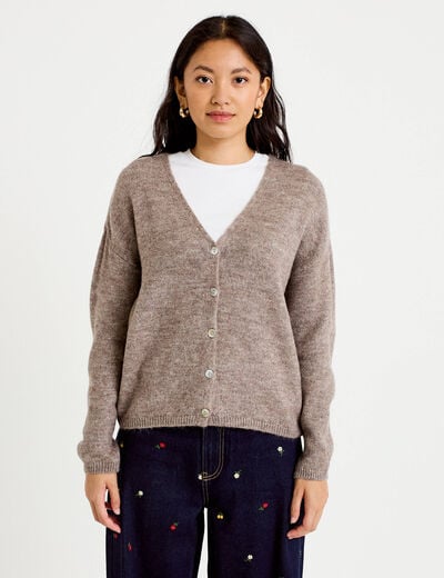 Gilet boutonn&eacute; avec col en V taupe femme