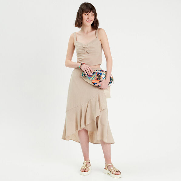 Jupe longue trapèze volants beige femme