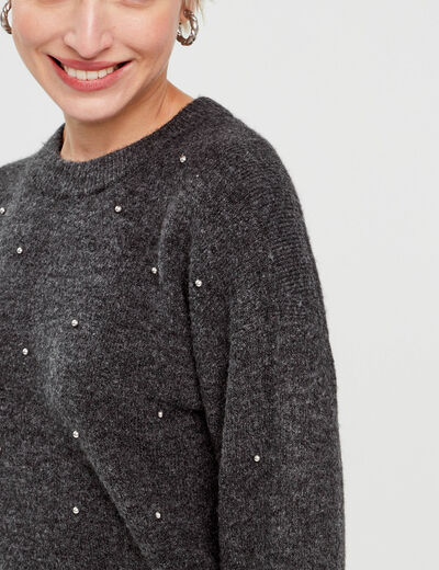 Pull col rond avec perles gris foncé femme