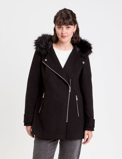 Manteau droit avec capuche noir femme