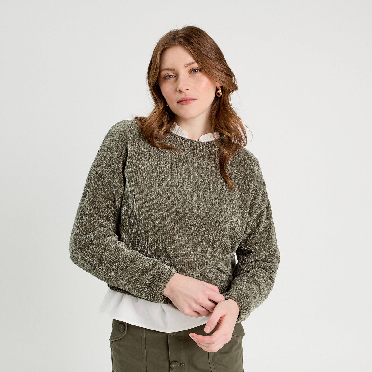 Pull col montant vert kaki femme