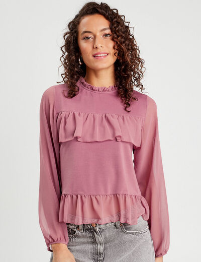 Blouse volants vieux rose femme