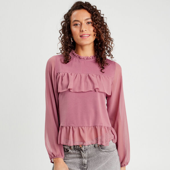 Blouse volants vieux rose femme