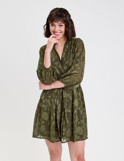 Robe chemise évasée ceinturée vert kaki femme