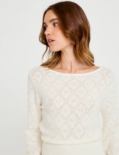 Pull ajour&eacute; col bateau manches longues ecru femme