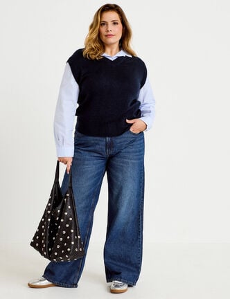 Jeans wide leg taille haute bleu fonc&eacute; femme