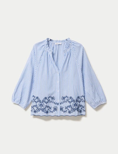 Blouse col v manches 3/4 brod&eacute;e bleu marine femme
