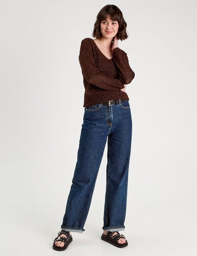 Pull ajouré manches longues marron foncé femme