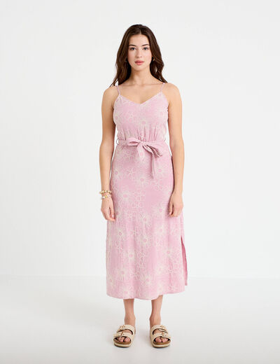Robe droite 3/4 col v fines bretelles rose clair femme