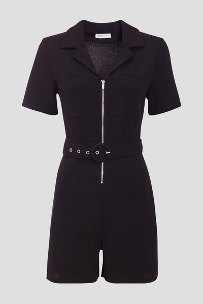 Combishort zippée ceinturée noir femme
