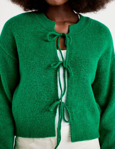 Gilet court nou&eacute; vert fonc&eacute; femme