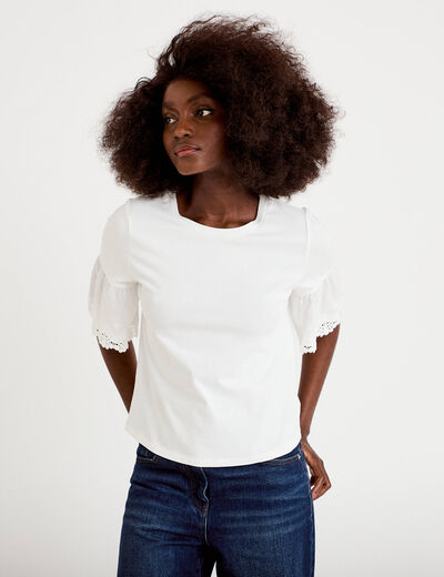T-shirt broderie manches courtes ecru femme