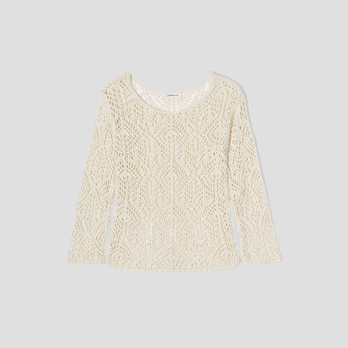 Pull crochet manches longues ivoire femme