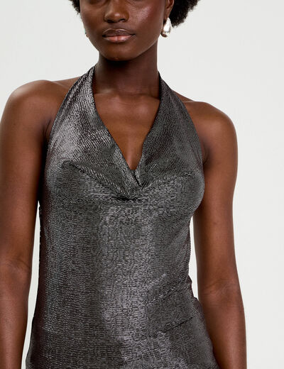 Top ajust&eacute; sans manches col b&eacute;nitier gris argent femme