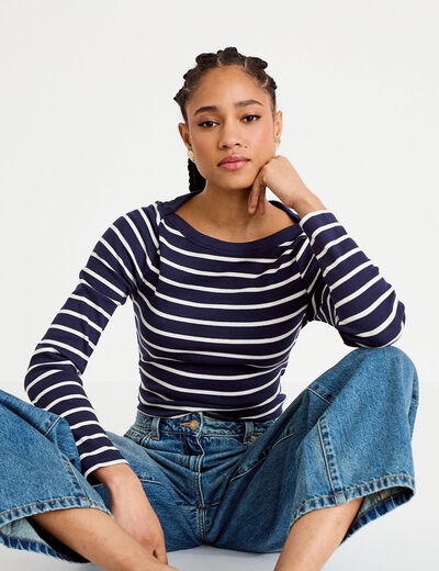 T-shirt col bateau bleu marine femme