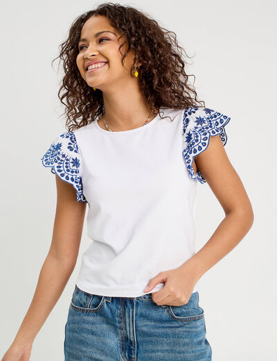 T-shirt manches brodées blanc femme