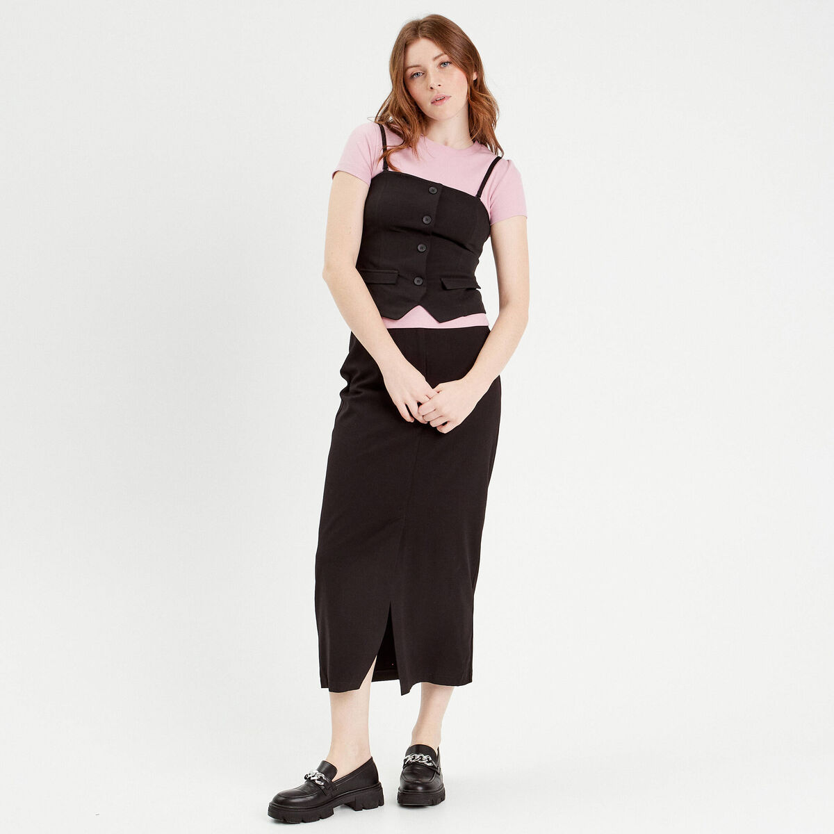 Jupe longue droite fendue noir femme