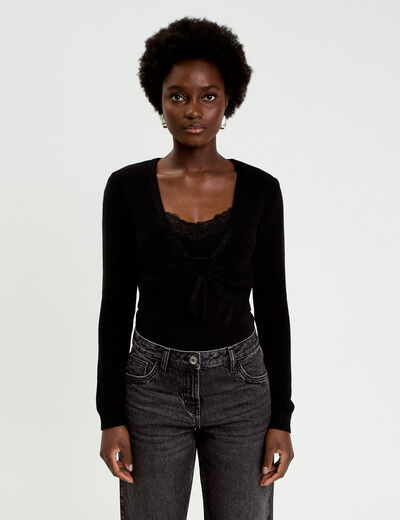 Pull cropped avec noeud noir femme
