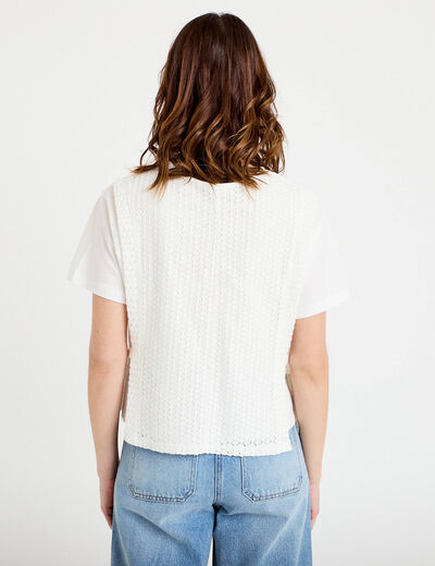T-shirt 2-en-1 col rond manches courtes ecru femme