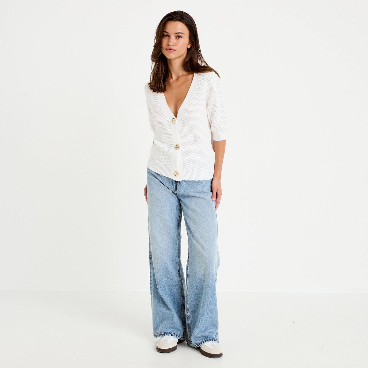 Gilet col v manches courtes ecru femme