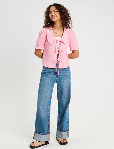 Blouse nouée brodée rose poudrée femme