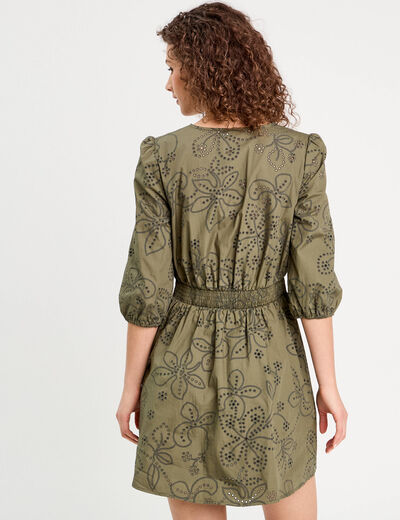 Robe évasée brodée vert kaki femme
