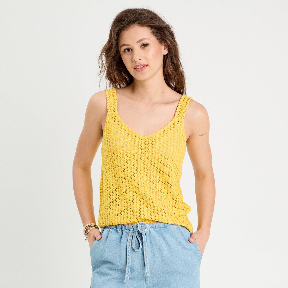 Débardeur effet crochet jaune femme