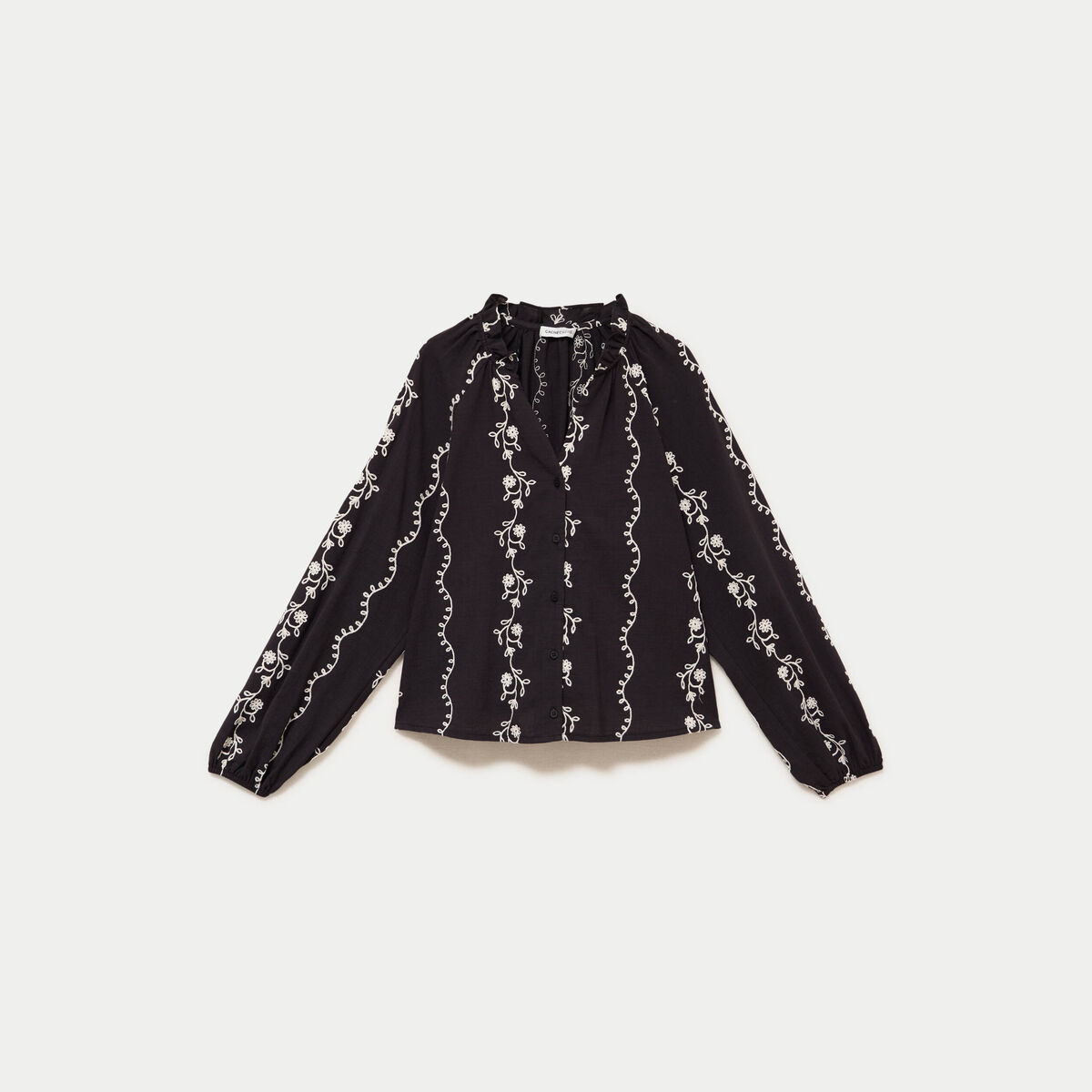 Blouse droite col am&eacute;ricain broderie noir femme