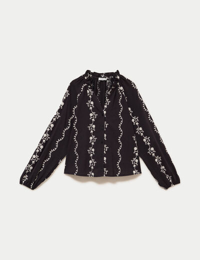 Blouse droite col am&eacute;ricain broderie noir femme