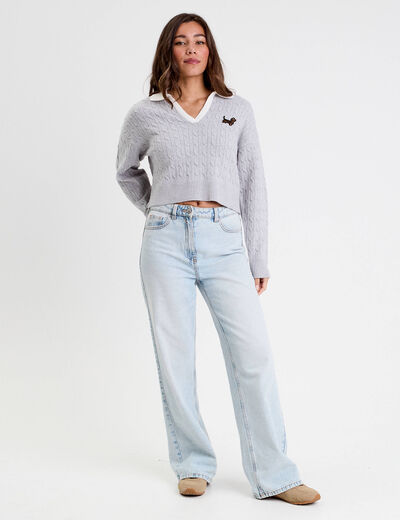 Pull manches longues col polo gris clair femme