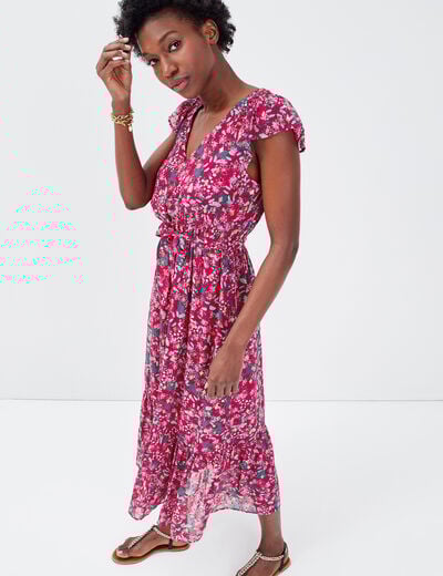 Robe longue évasée ceinturée violet femme