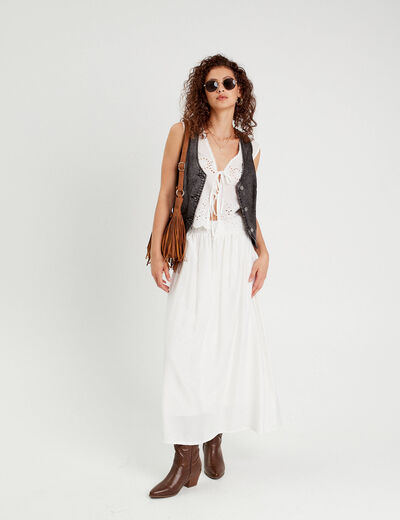 Blouse sans manches brodée blanc femme