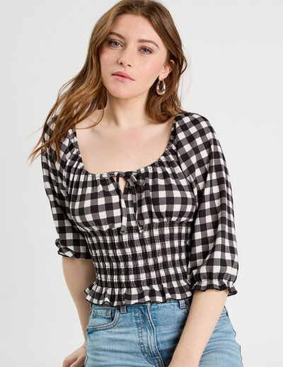 Blouse smockée manches 3/4 blanc femme