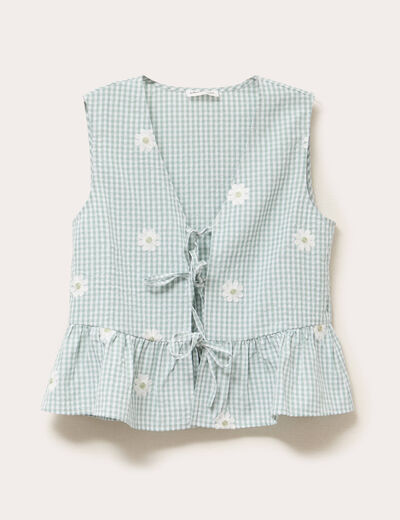 Blouse sans manches col V broderie vert kaki femme