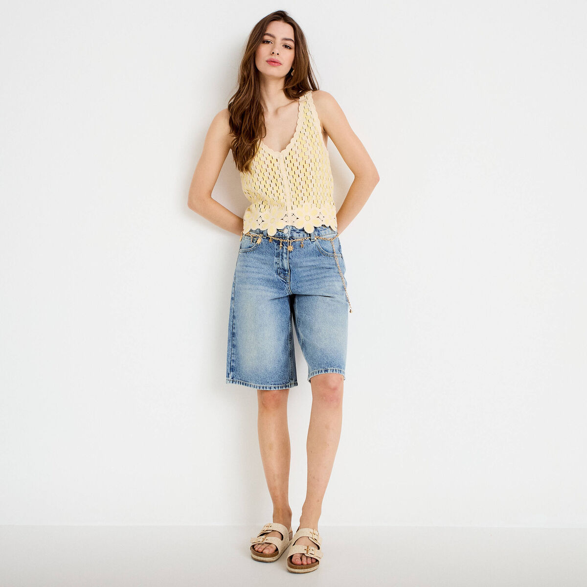D&eacute;bardeur col v aspect dentelle jaune clair femme