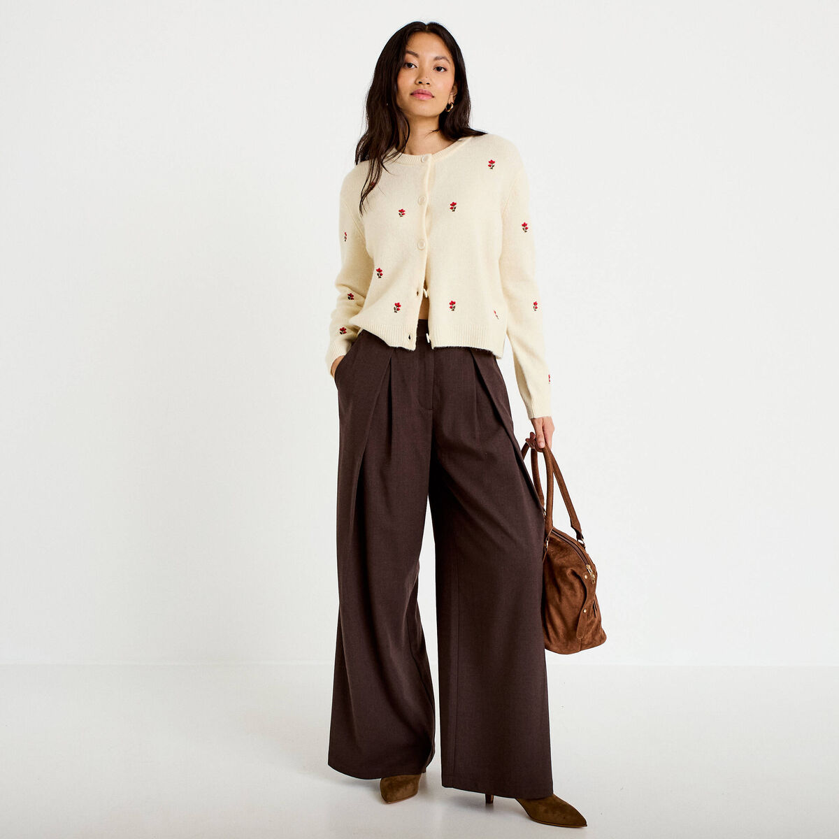 Pantalon bootcut taille haute chin&eacute; marron femme